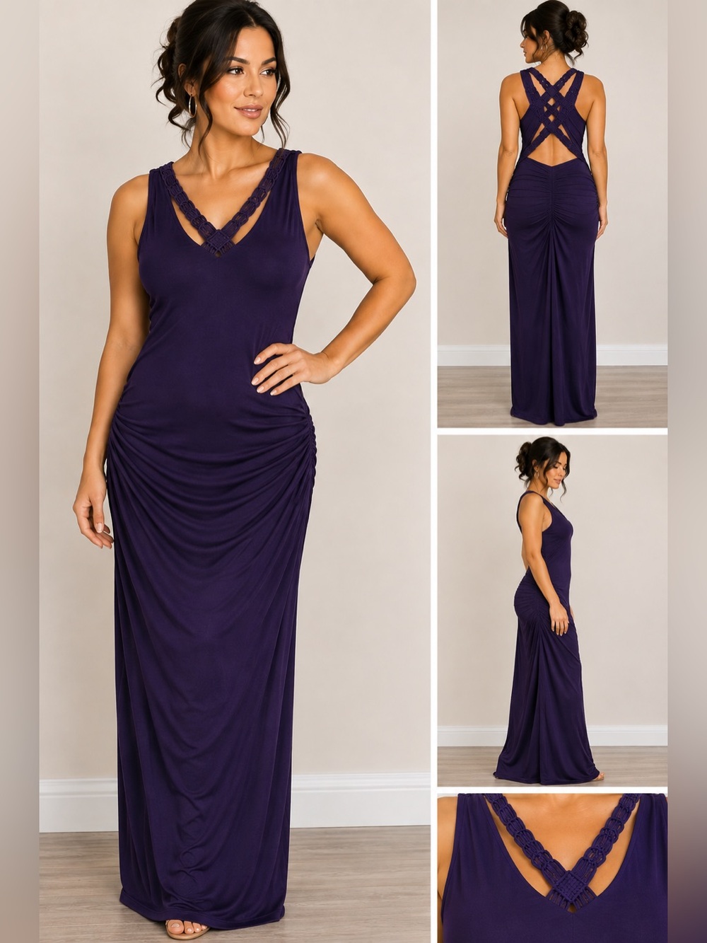 Y2K SKY Eggplant Purple Macramé Crisscross Cutout-Back Ruched Maxi Dress Medium